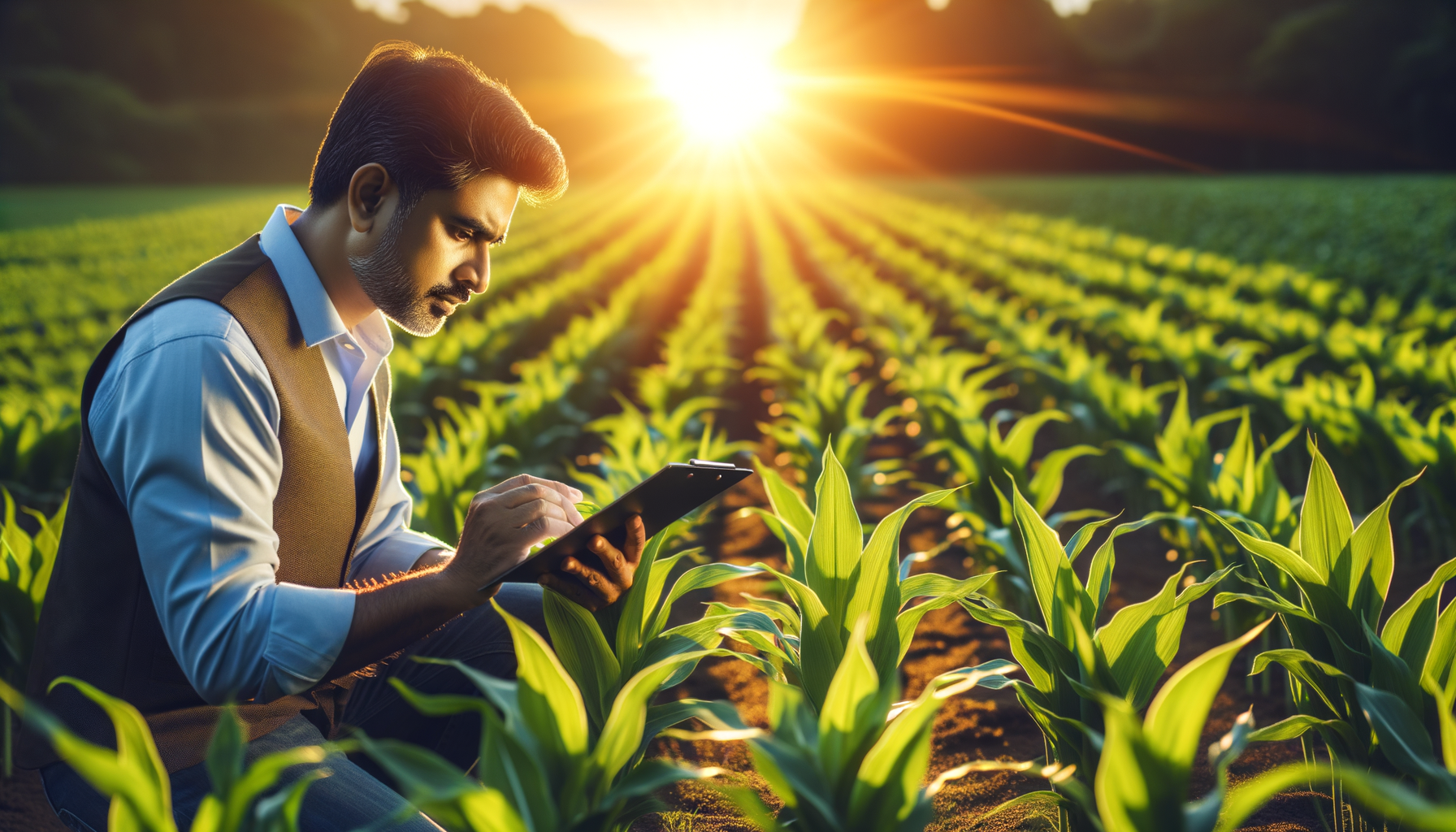 Indian farmer examining crops in a healthy, green field